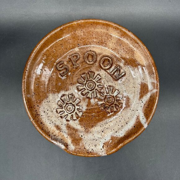 Vintage Art Pottery Spoon Rest Flower Power Daisy Stoneware Brown Drip Glaze - Picture 2 of 8